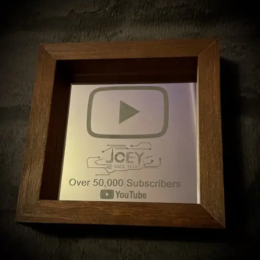 Bespoke design laser engraved mirror and frame. Created for Joey Does Tech to mark hitting 50,000 YouTube subscribers.